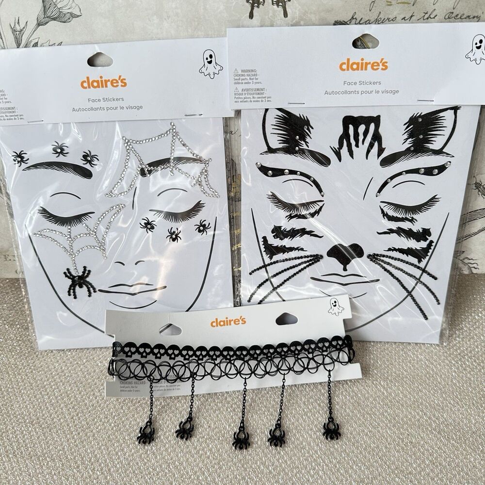 Claire's Halloween Set 2 Face Stickers and Mesh Choaker Necklace NWT